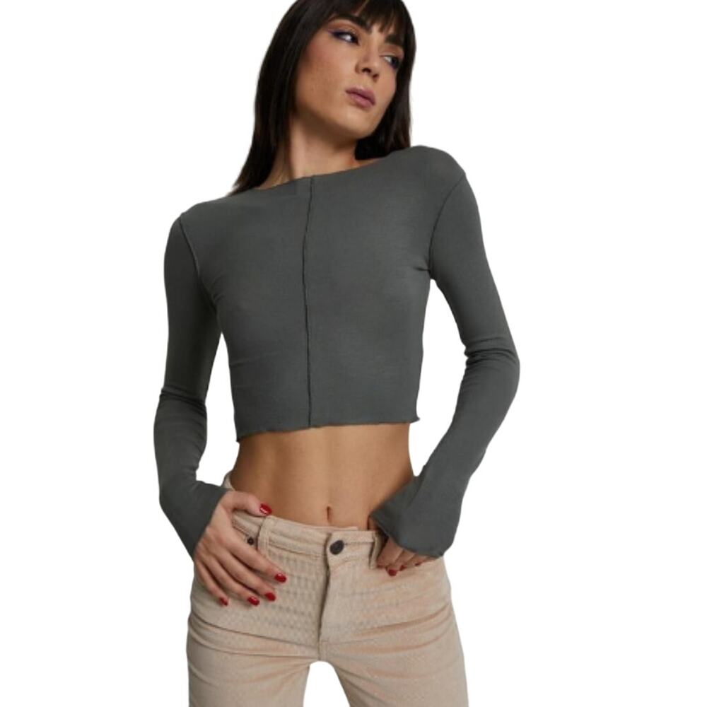 ZARA Women's Exposed Seams Long Sleeve Crop Top Olive Green‎ Size M